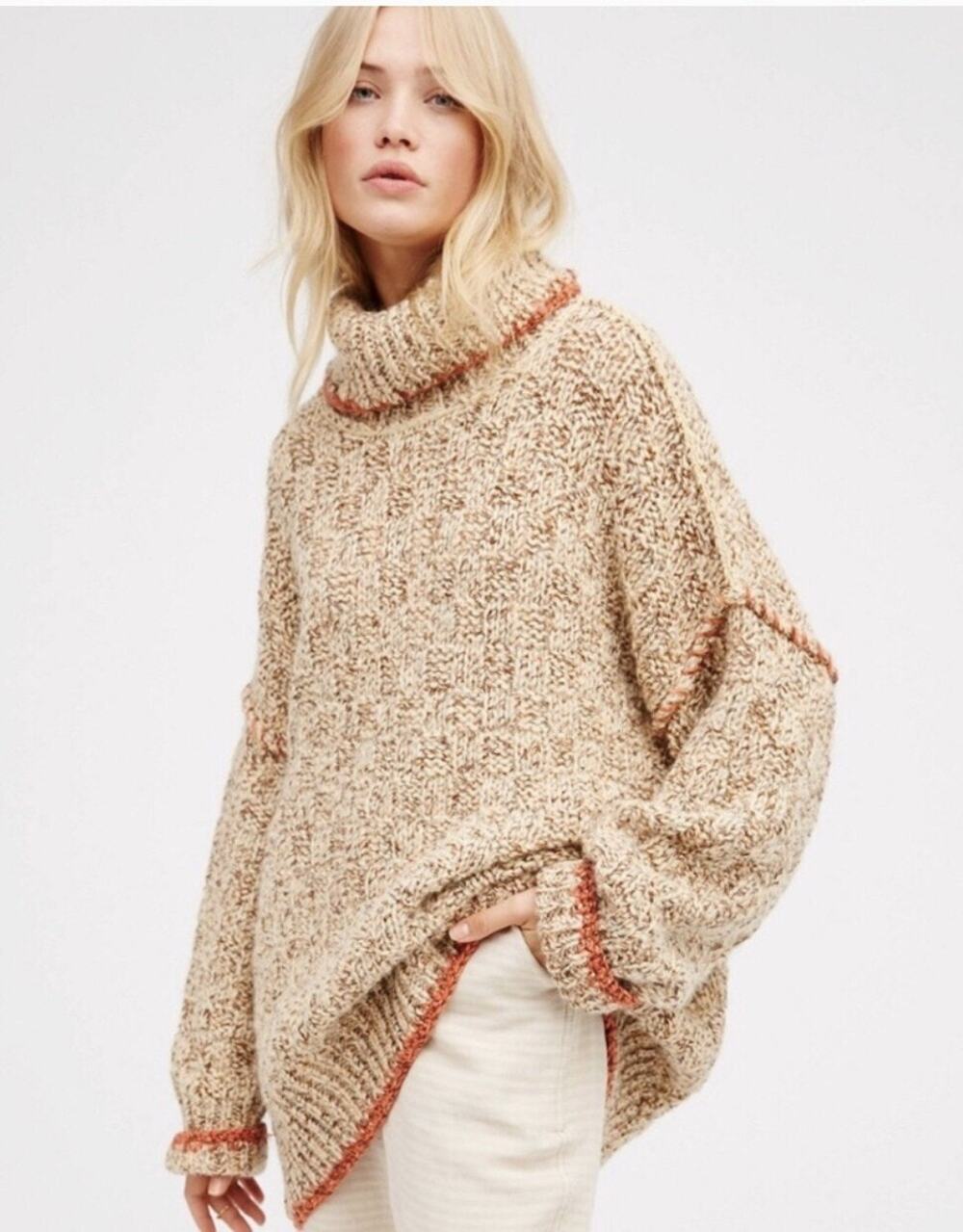Free People Echo Oversized Slouchy Pullover Alpaca Blend Turtleneck Sweater, Lg